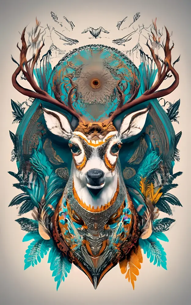 Decorative Deer with Antlers and Floral Elements
