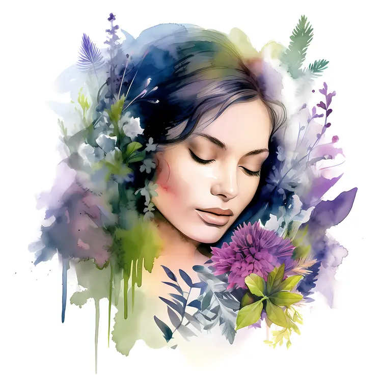 Serene Woman's Face with Watercolor Flowers