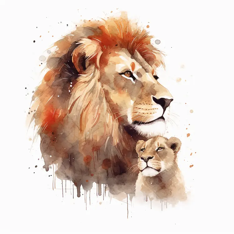 Majestic Lion and Cub Watercolor Illustration