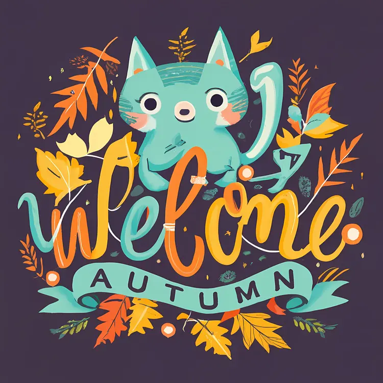 Welcome Autumn with Cute Cat and Leaves