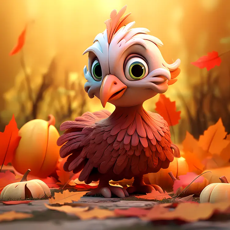 Red Cartoon Turkey with Pumpkins and Autumn Leaves