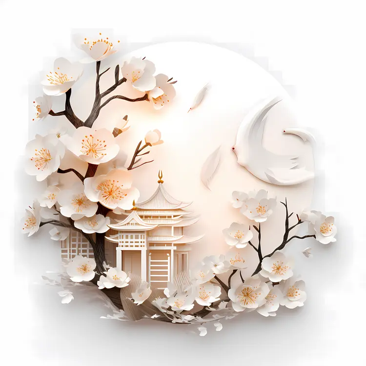 White Blossoms with Temple