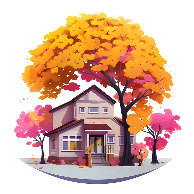 Small Cute Doodle House with Autumn Trees