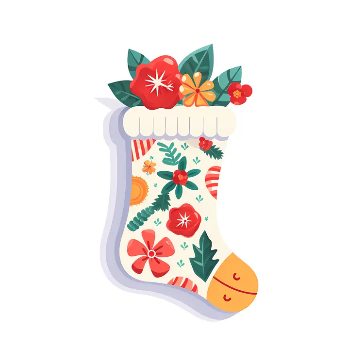 White Christmas Stocking with Flowers and Leaves
