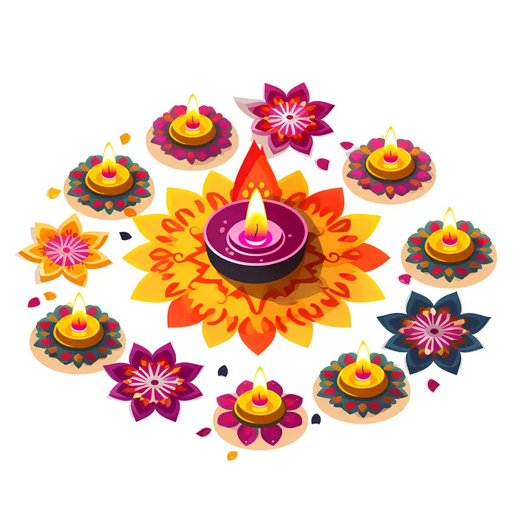 Multiple Diyas with Rangoli for Diwali