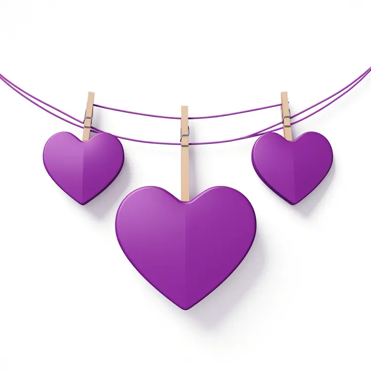 Purple Hearts Hanging on Clothesline for Valentine's Day