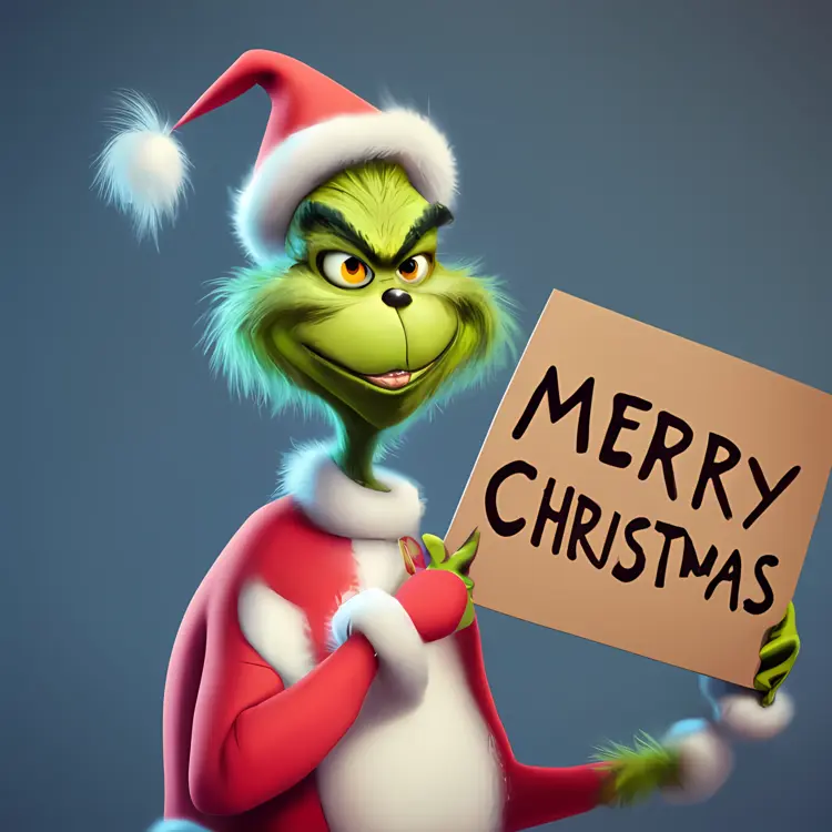Grinch in Santa Suit with Merry Christmas Sign