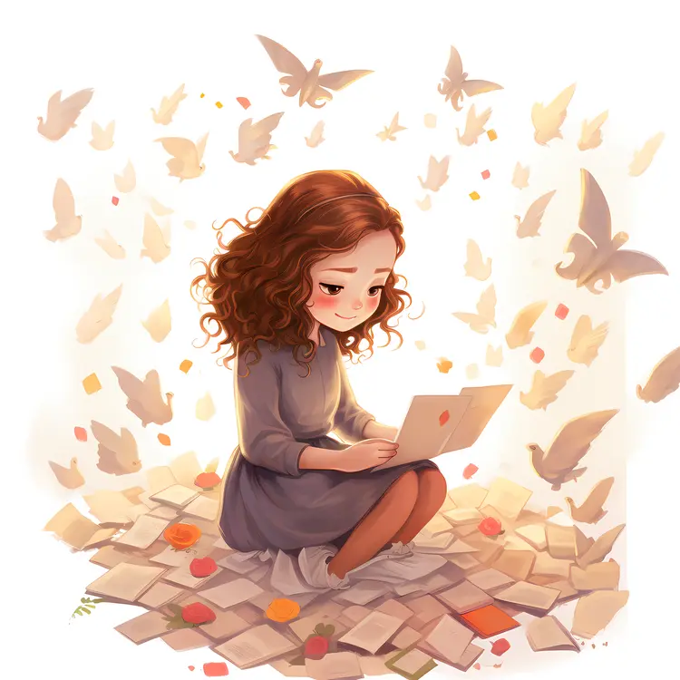 Girl with Laptop Surrounded by Butterflies and Letters