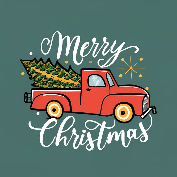 Red Truck with Christmas Tree and Merry Christmas Text