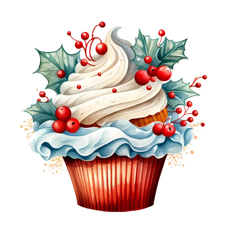 Christmas Cupcake with Holly and Berries