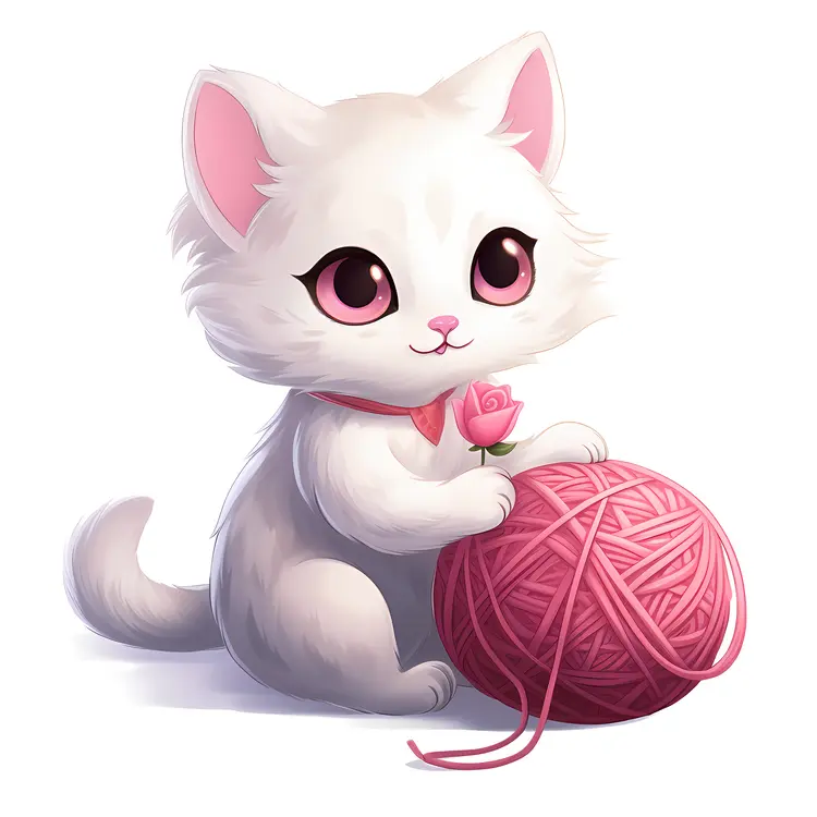Cute White Kitten with Pink Yarn Ball