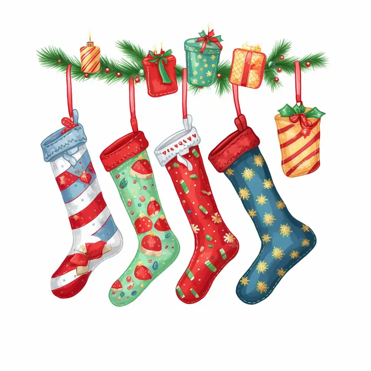 Colorful Christmas Stockings with Gifts and Decorations