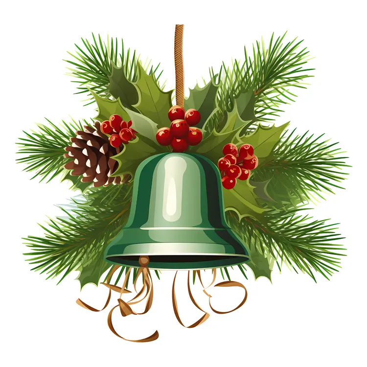 Green Christmas Bell with Pine and Holly Decoration