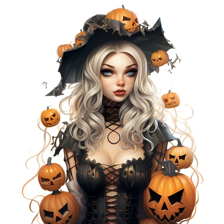 Blonde Halloween Witch with Pumpkins and Hat