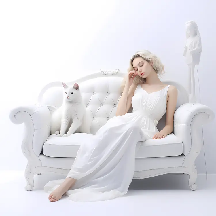 Elegant White Sofa with Woman and Cat in Minimalist Setting