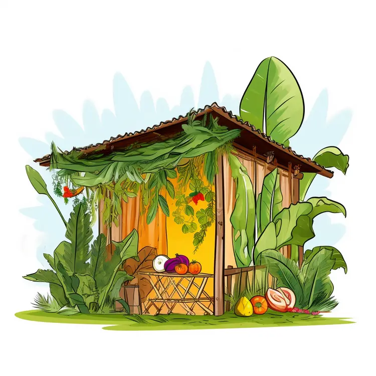 Tropical Hut with Fruits and Greenery