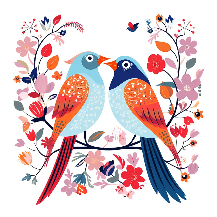 Colorful Birds and Flowers Illustration for Valentine's Day