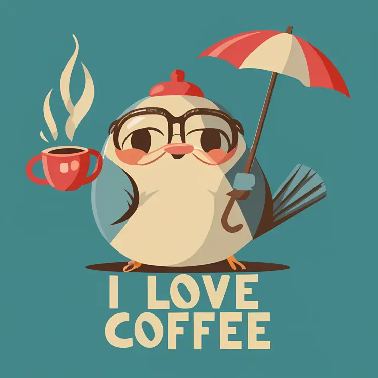 Adorable Bird with Coffee and Umbrella