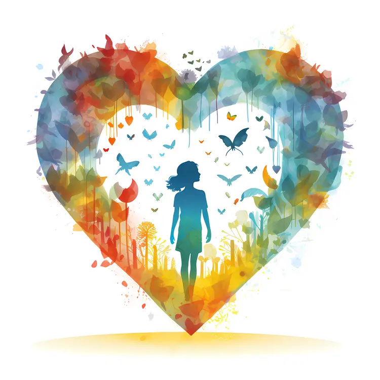Colorful Heart with Silhouette and Butterflies