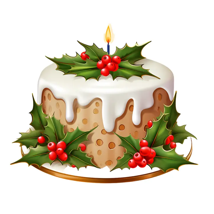 Christmas Cake with Holly Leaves and Red Berries