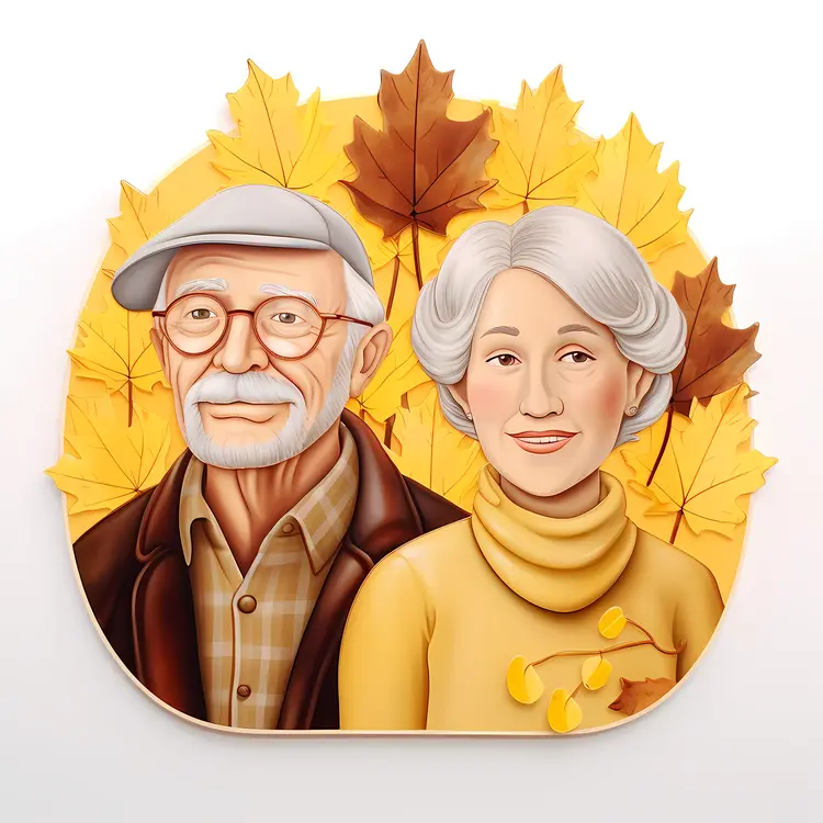 Elderly Couple with Autumn Leaves Illustration