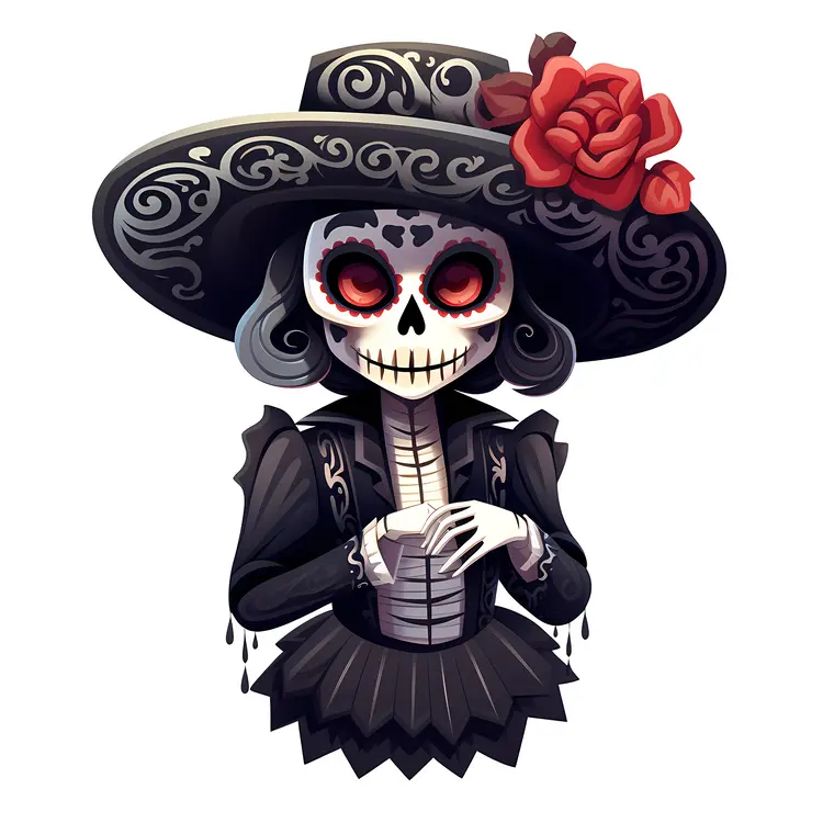 Elegant Skeleton Lady in Black Dress