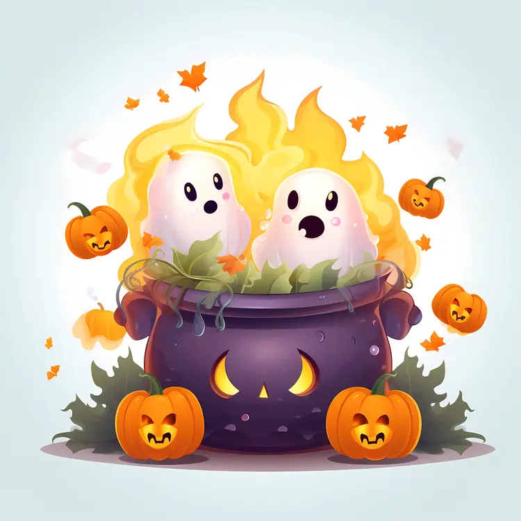Cute Ghosts in Cauldron with Pumpkins for Halloween