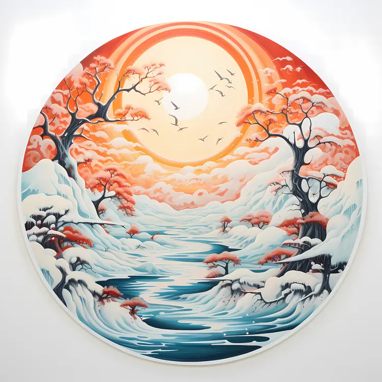 Winter River Landscape at Sunset