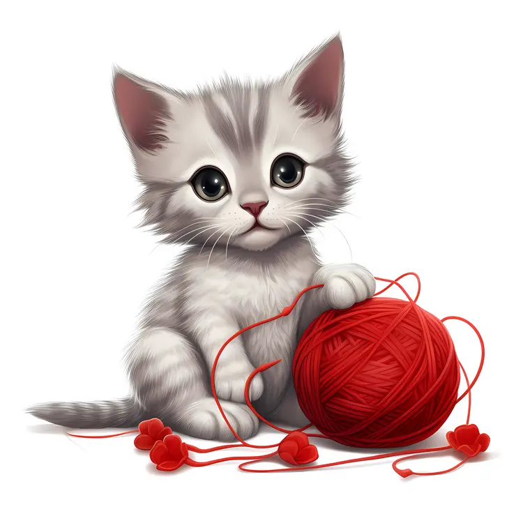 Cute Kitten Playing with Red Yarn