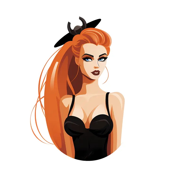 Red-Haired Woman in Black Dress with Hat