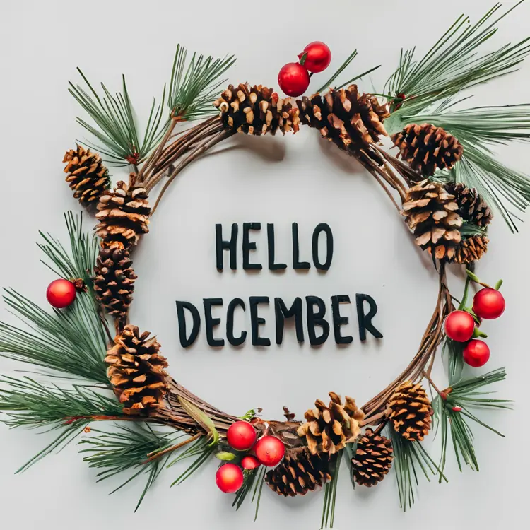 Minimalist Pinecone Wreath with Hello December Greeting