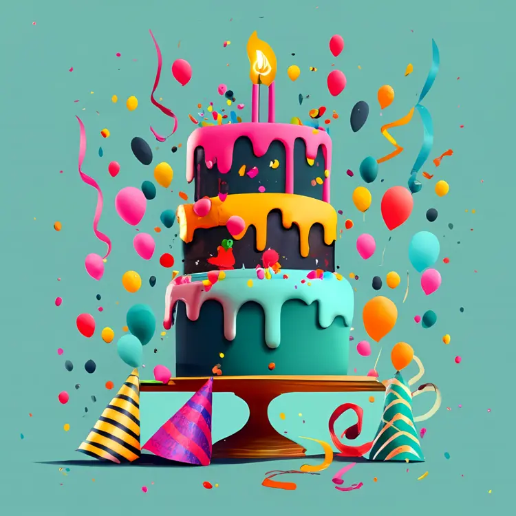Colorful Birthday Cake with Candles and Balloons