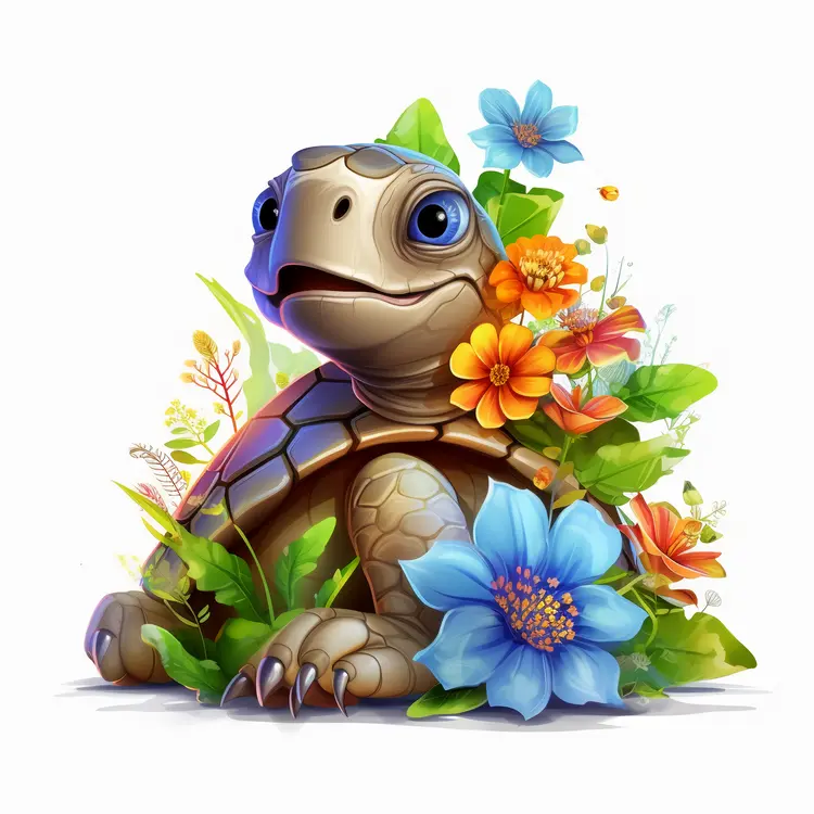 Cute Turtle with Colorful Flowers