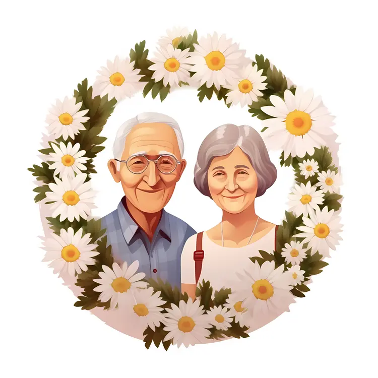 Elderly Couple Surrounded by Daisies for Grandparents Day