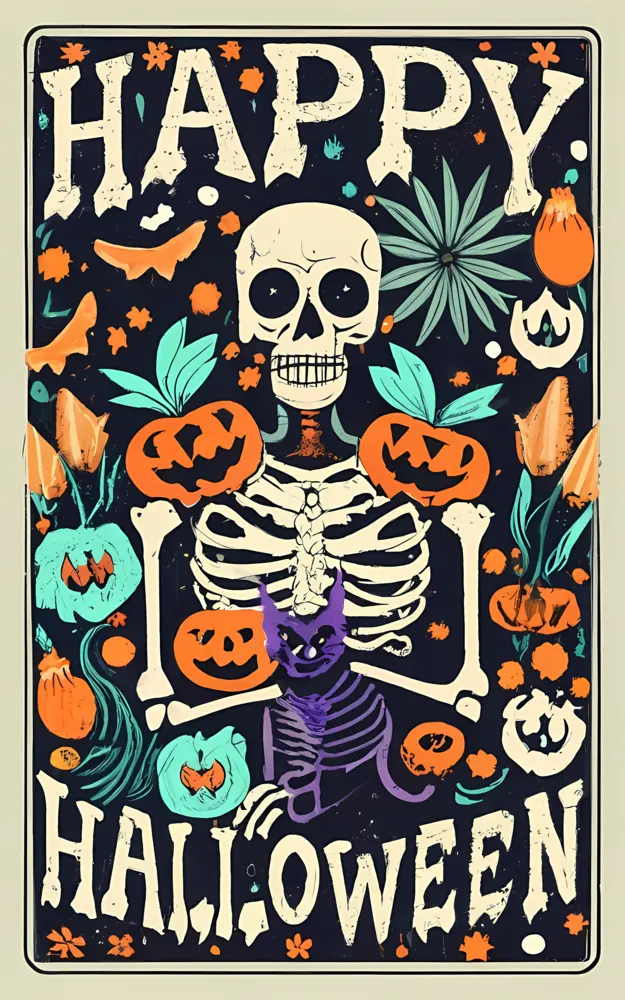 Skeleton with Pumpkins and Cat for Halloween
