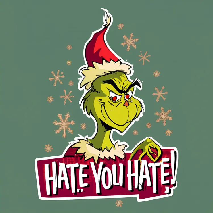 Grumpy Green Character with Santa Hat and 'Hate You Hate' Text