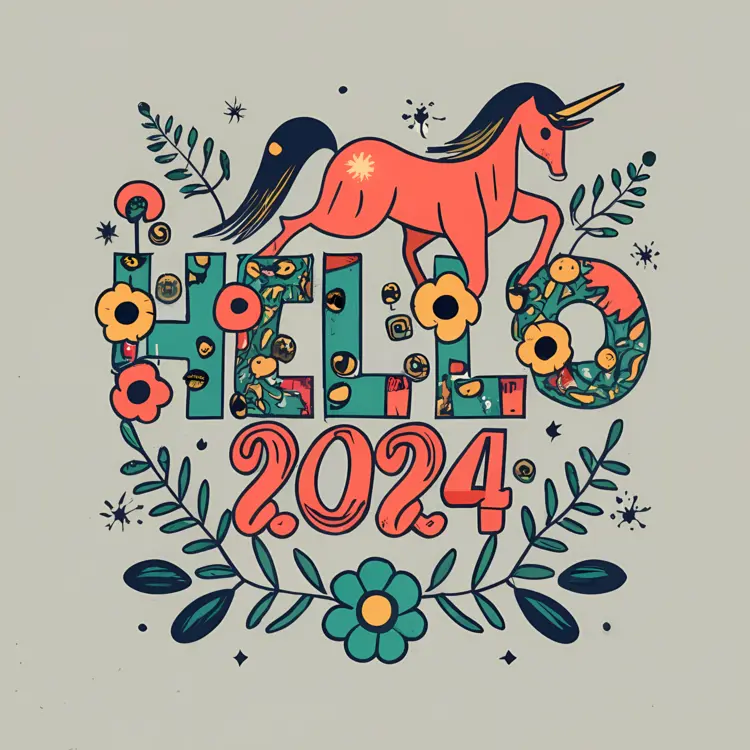 Hello 2024 with a Unicorn and Flowers
