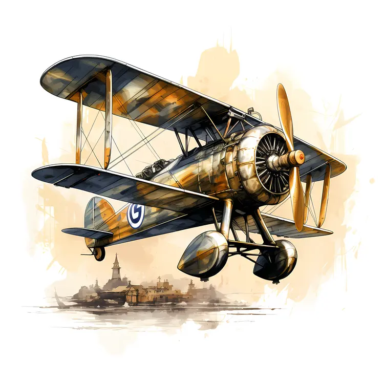 Vintage Biplane Illustration with Cityscape Background