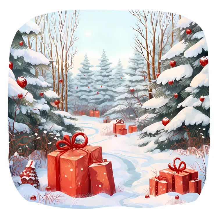 Red Gifts in Snowy Forest