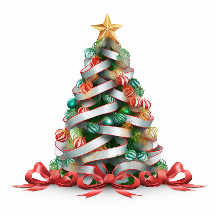 Festive Christmas Tree with Ribbons and Ornaments