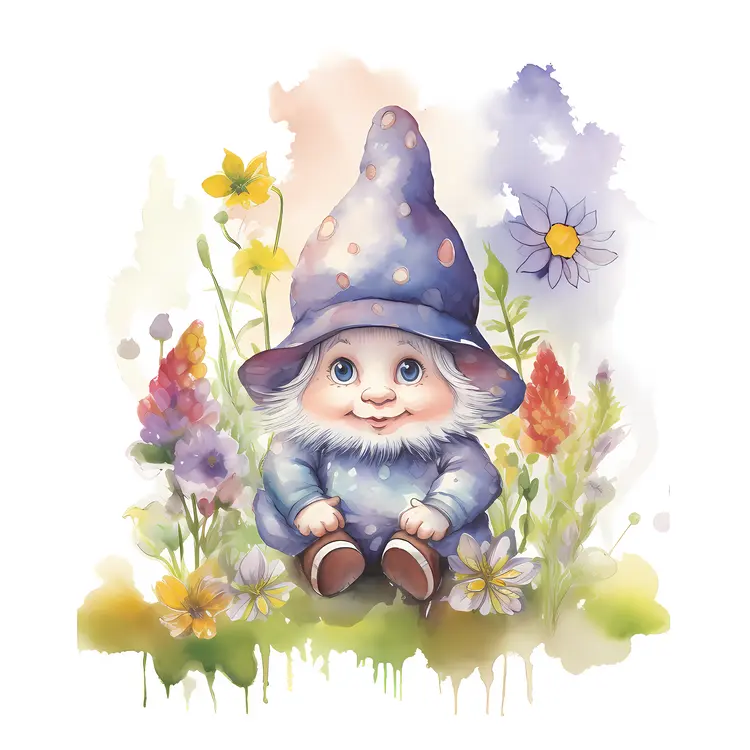 Cute Gnome in a Flower Garden Illustration