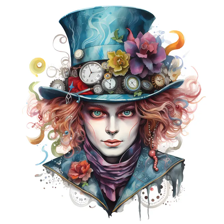 Mad Hatter with Colorful Hat and Teacups