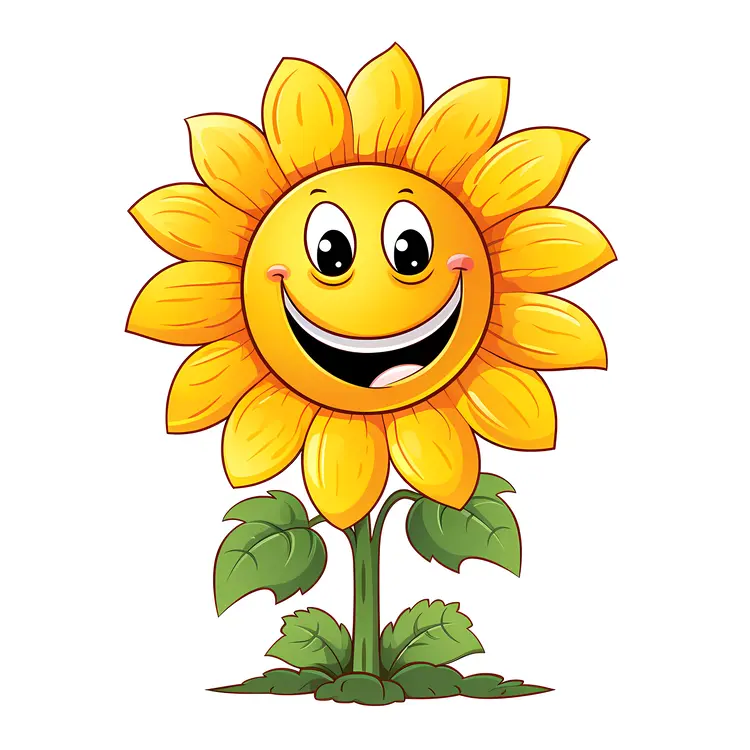 Happy Cartoon Sunflower with Green Leaves