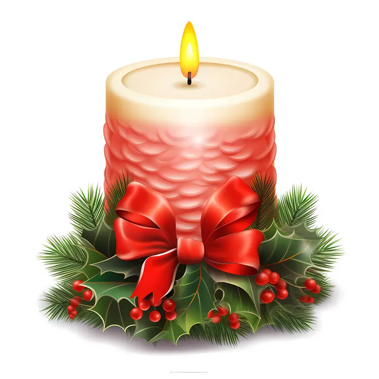 Red Christmas Candle with Holly and Berries