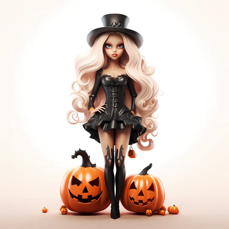 Blonde Halloween Girl with Top Hat and Pumpkins