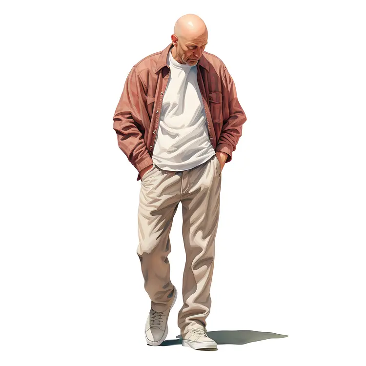 Bald Man Walking in Red Jacket