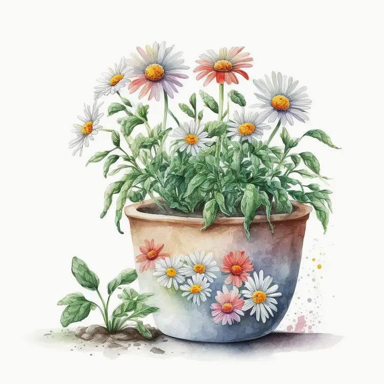 Beautiful Potted Daisies in Watercolor Style
