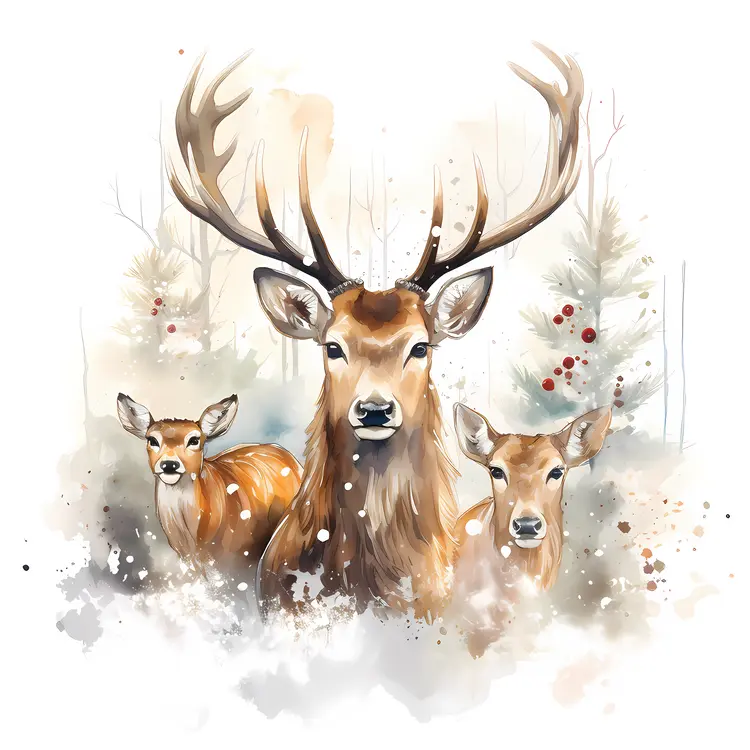 Deer Family in Snowy Forest