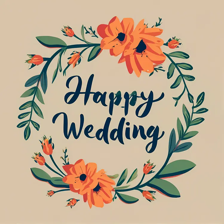 Happy Wedding Text with Floral Wreath Design