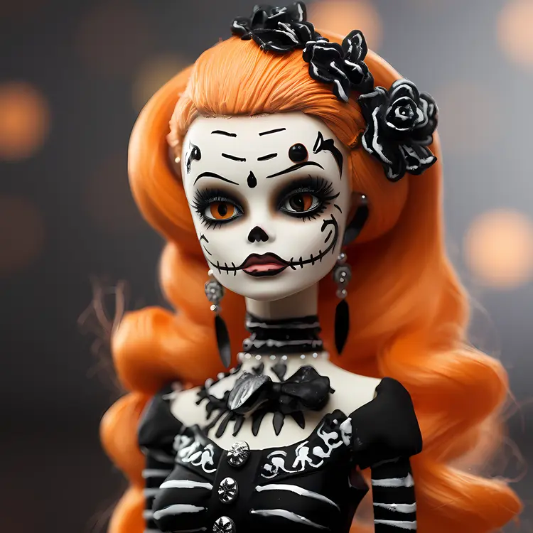 Orange Haired Halloween Doll with Skeleton Makeup